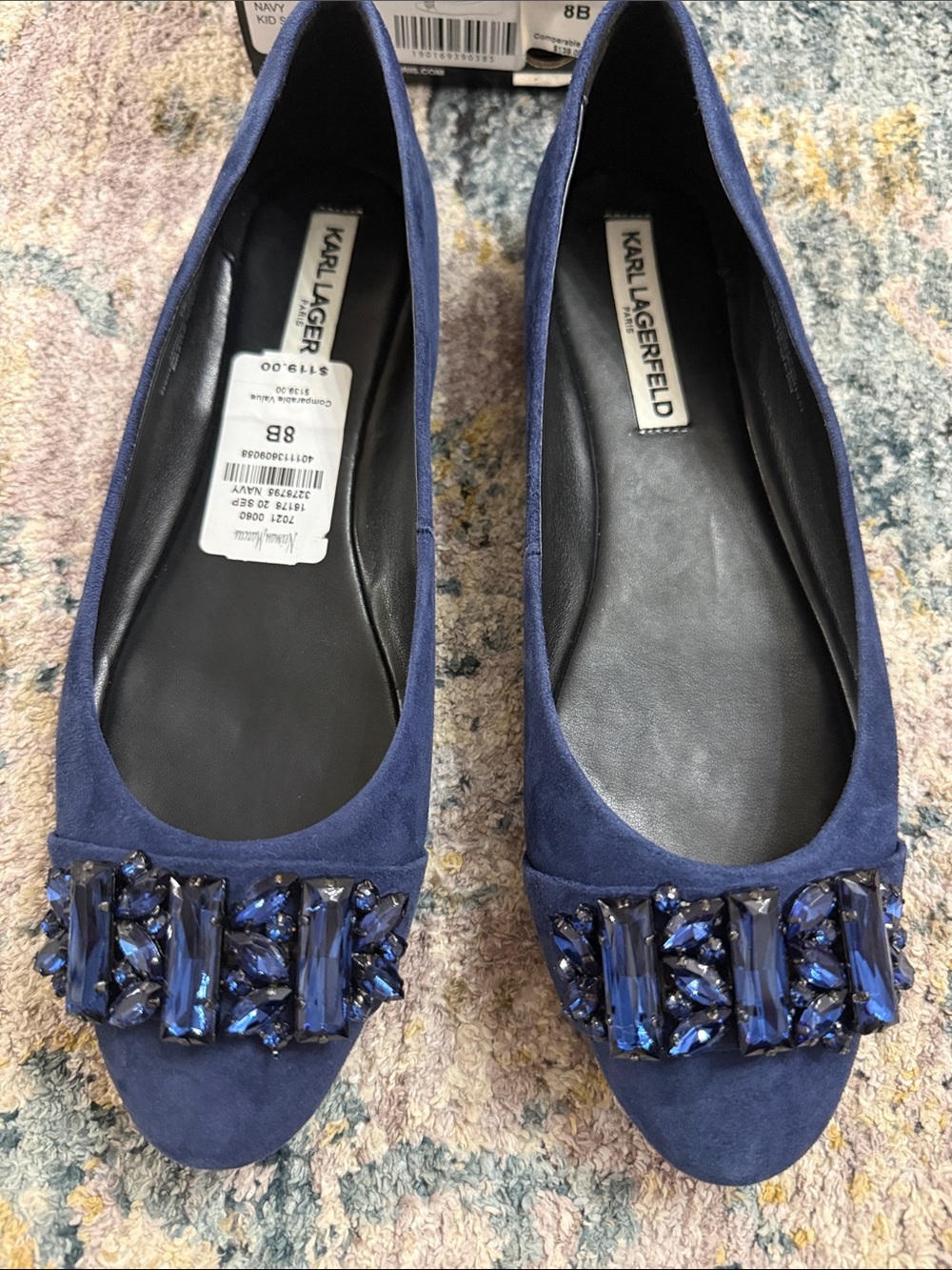 NWT Karl Lagerfeld Navy Suede Crystal-Embellished Flats